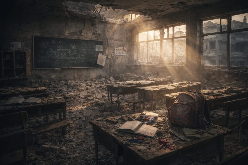 युद्ध के बाद नष्ट हुई कक्षा का दृश्य